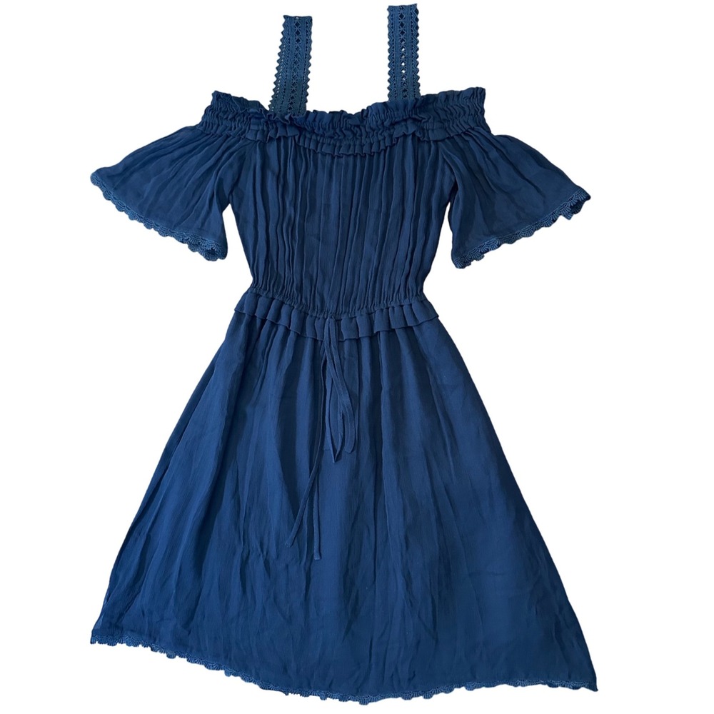 The Kooples Dress Size 1 Blue Cold Shoulder Ruffle Trim Mini